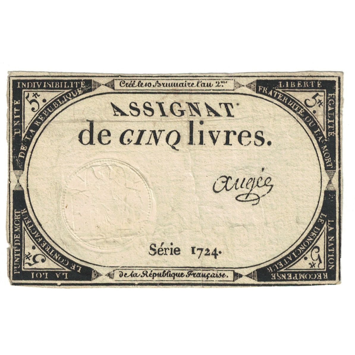Francja, 5 Livres, 1793, Ariquey, 10 brumaire de l'an 2 - (31 octobre 1793)