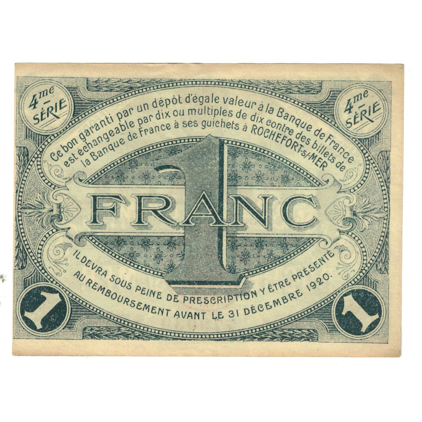 France, Rochefort-sur-Mer, 1 Franc, 1920, AU(55-58), Pirot:107-13