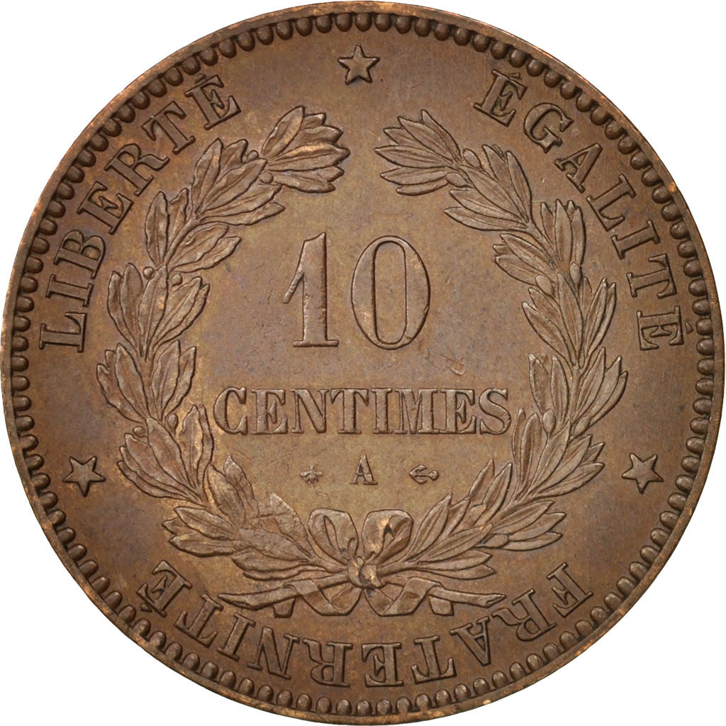 France, Cérès, 10 Centimes, 1871, Paris, AU(50-53), Bronze, KM:815.1, Gadoury265