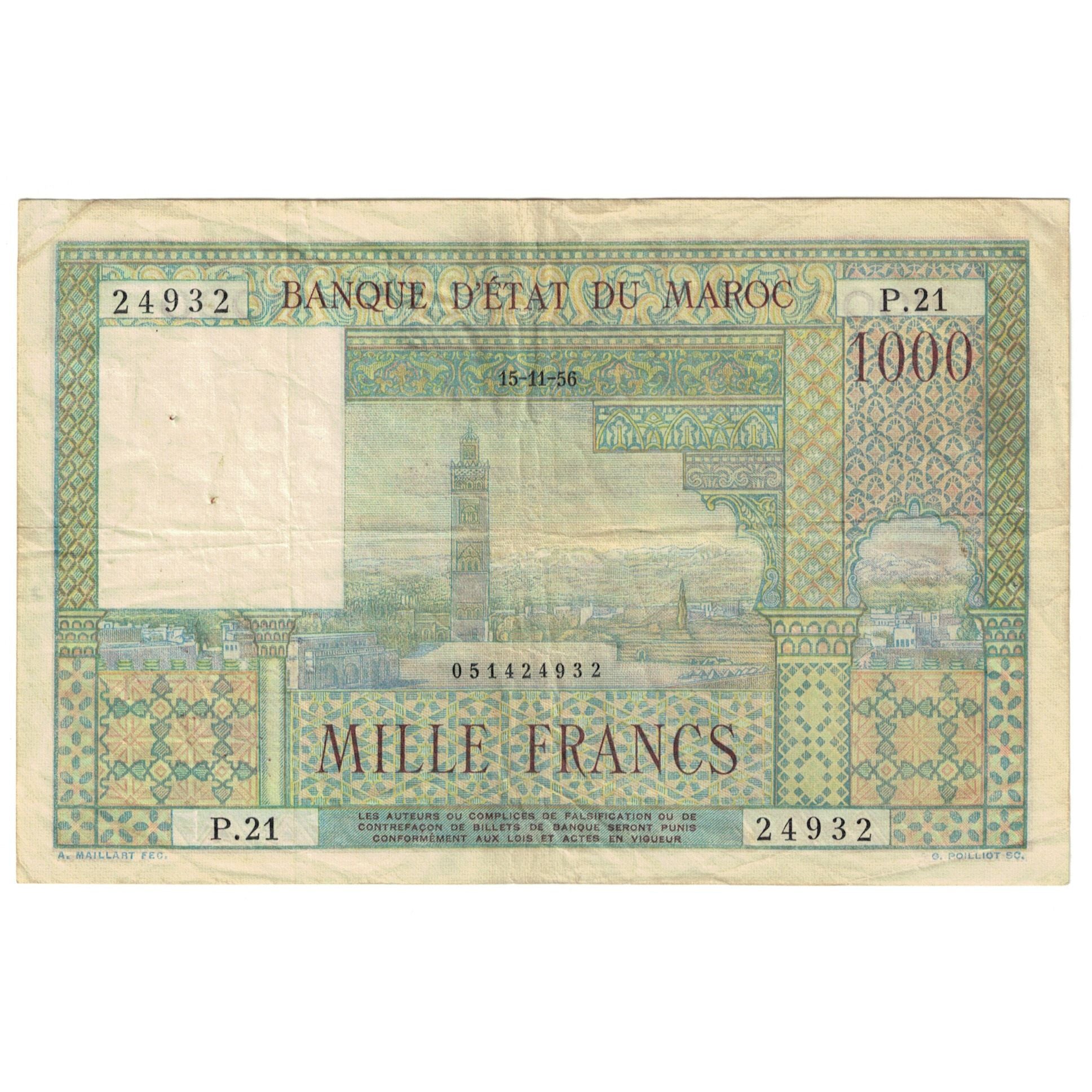 Banconote, Marocco, 1000 Francs, 1952, 1952-12-10, BB