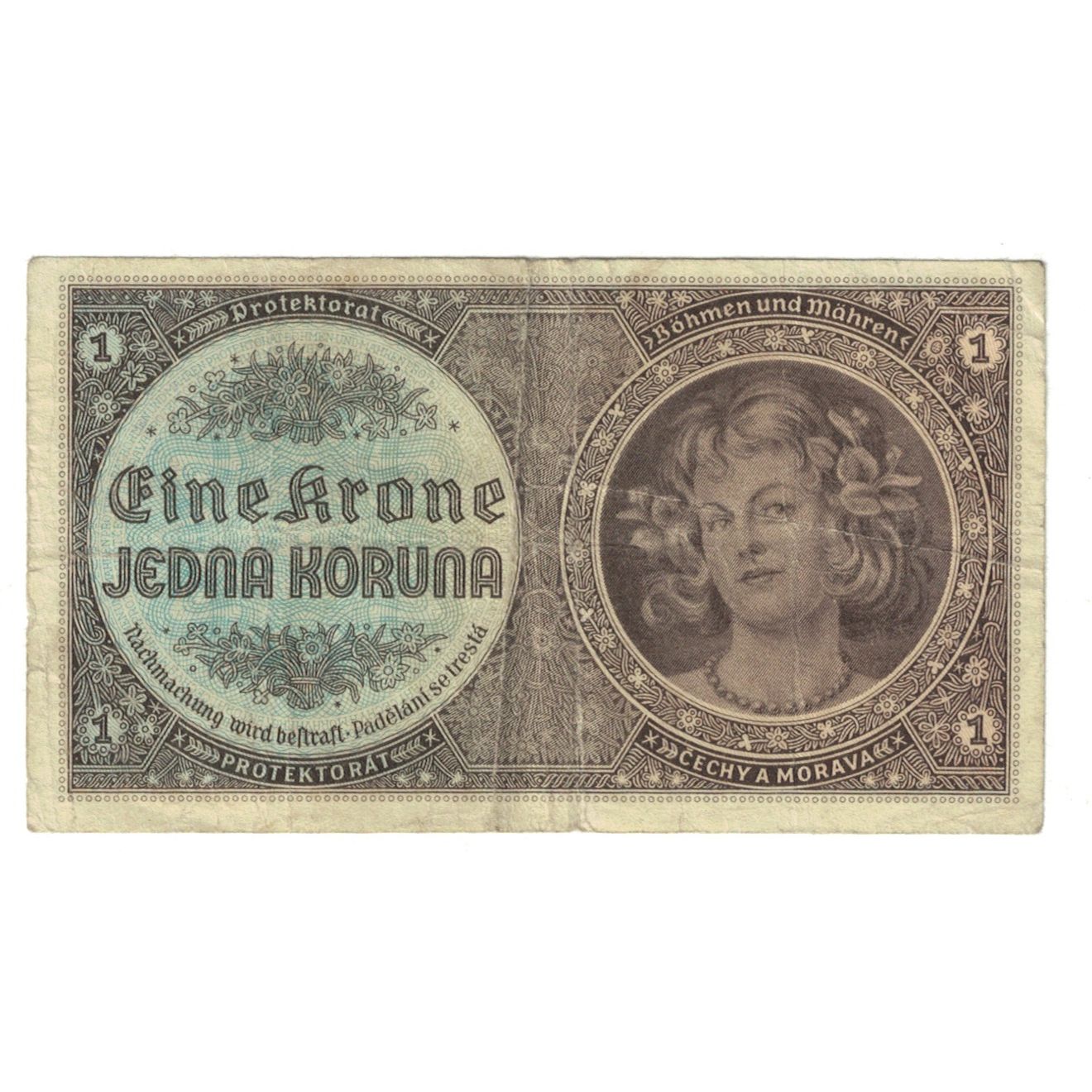 Banknote, Bohemia and Moravia, 1 Koruna, KM:3a, VF(30-35)
