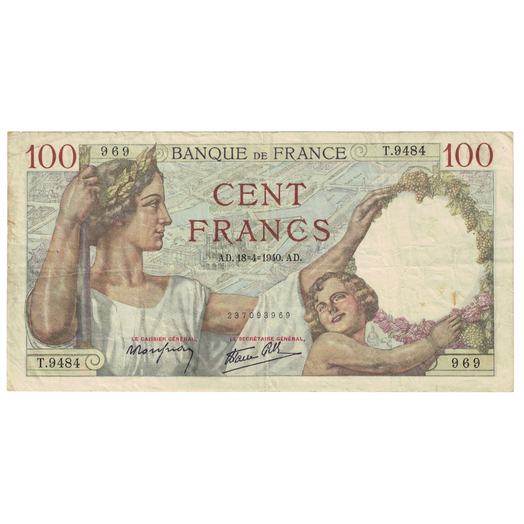 France, 100 Francs, Sully, 1940, T.9484, VF(30-35), Fayette:26.27, KM:94