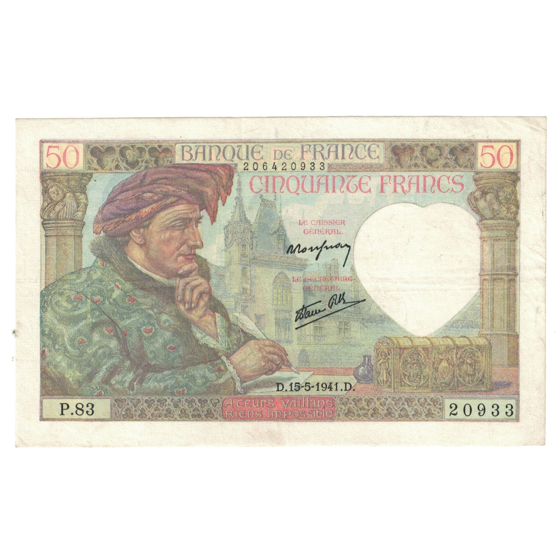 Francia, 50 Francs, Jacques Coeur, 1941, P.83, MBC, Fayette:19.11, KM:93