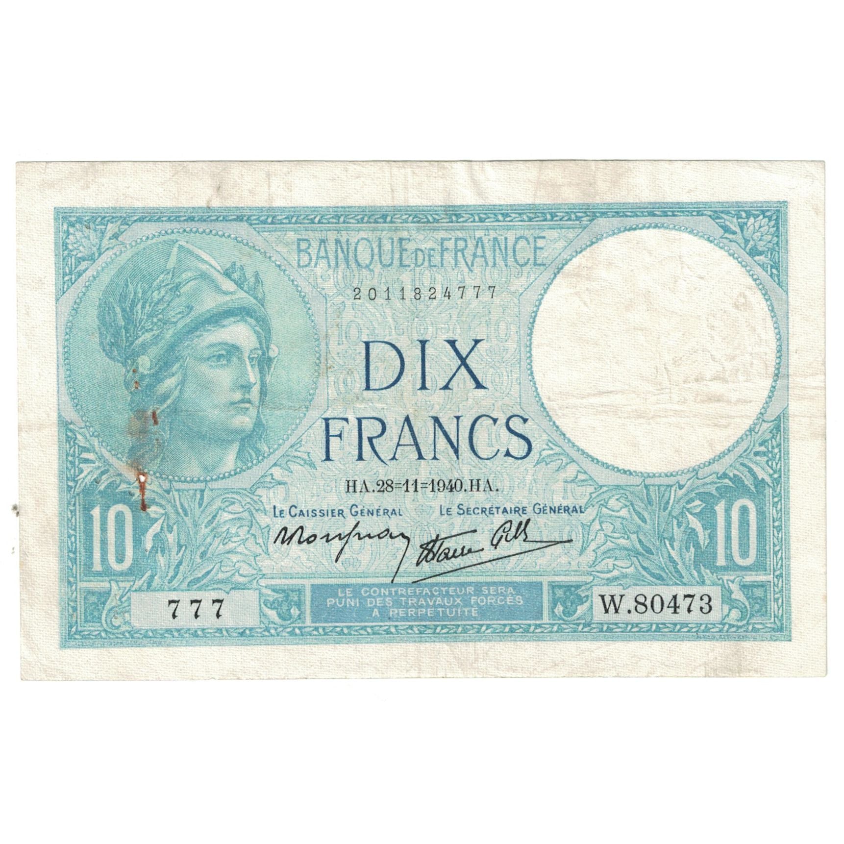 Francja, 10 Francs, Minerve, 1940, W.80473, VF(30-35), Fayette:7.22, KM:84