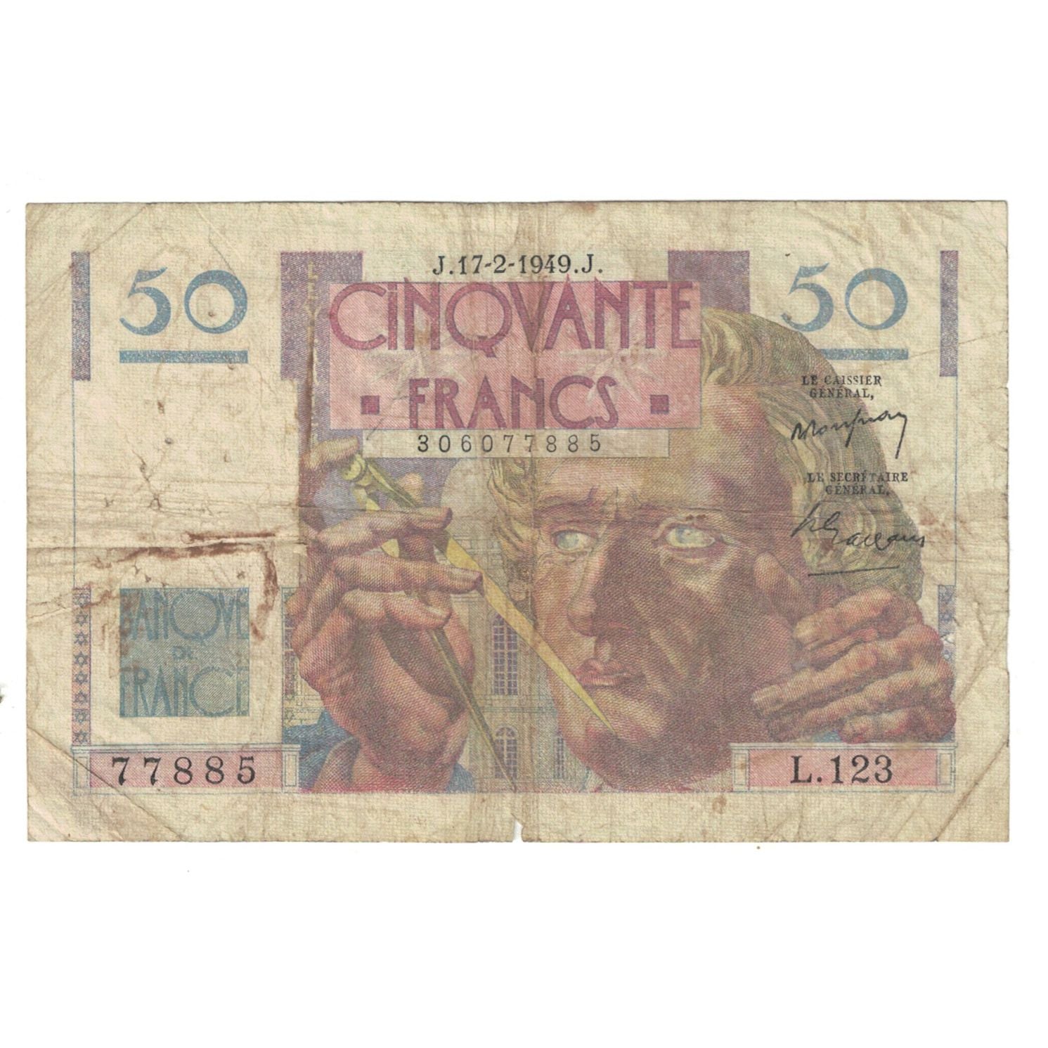 France, 50 Francs, Le Verrier, 1949, L.123, AB, Fayette:20.11, KM:127b