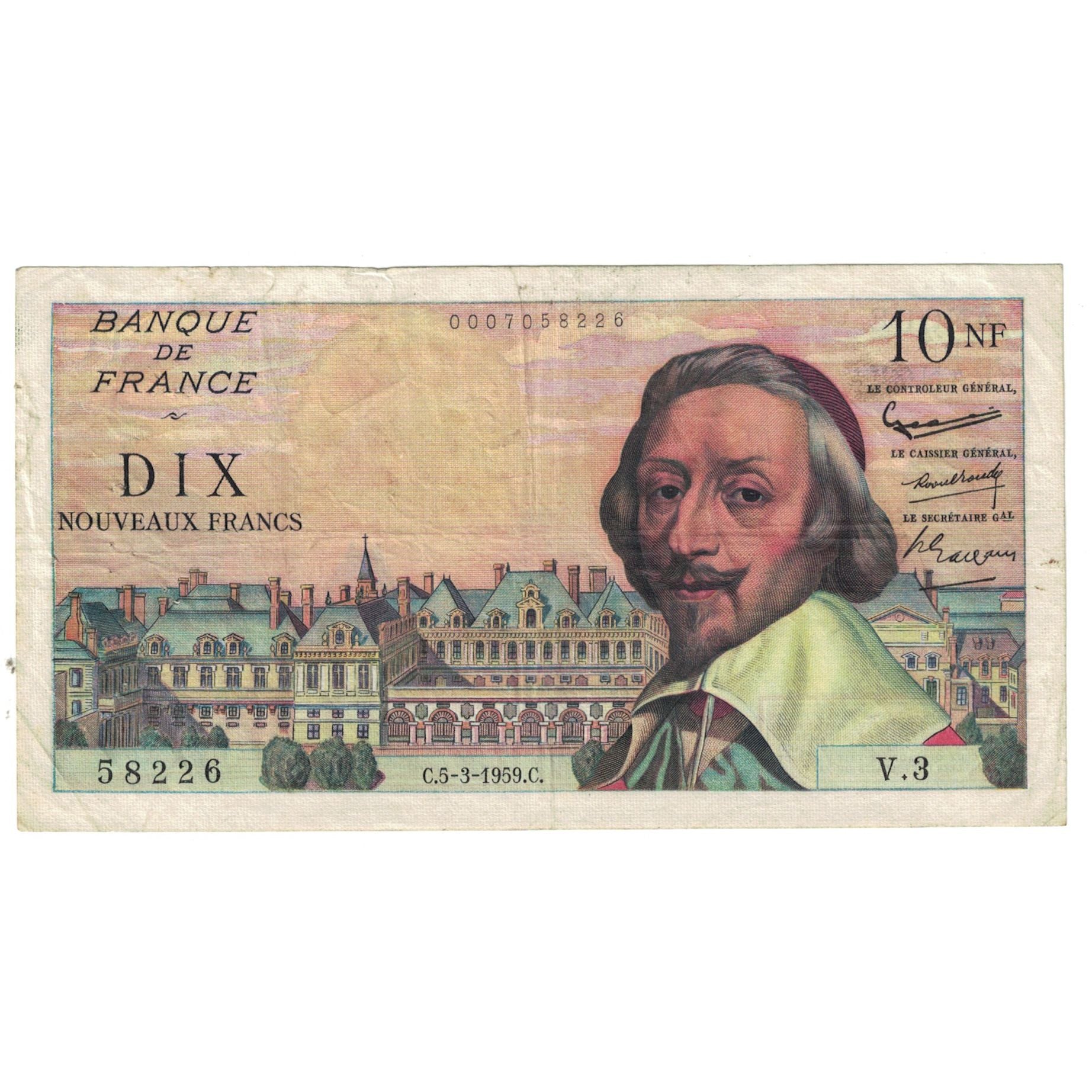 France, 10 Nouveaux Francs, Richelieu, 1959, V.3, VF(30-35), Fayette:57.1