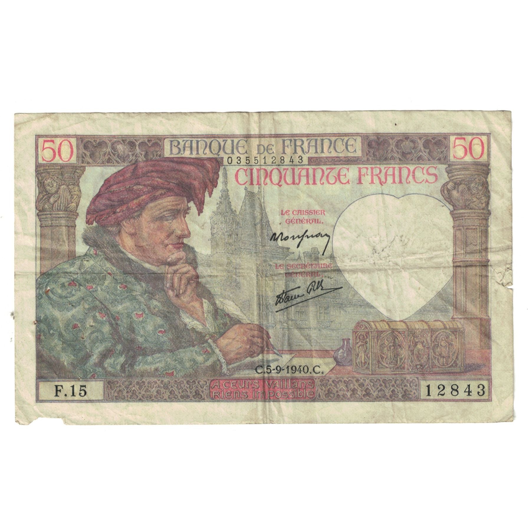 France, 50 Francs, Jacques Coeur, 1940, F.15, VG(8-10), Fayette:19.02, KM:93