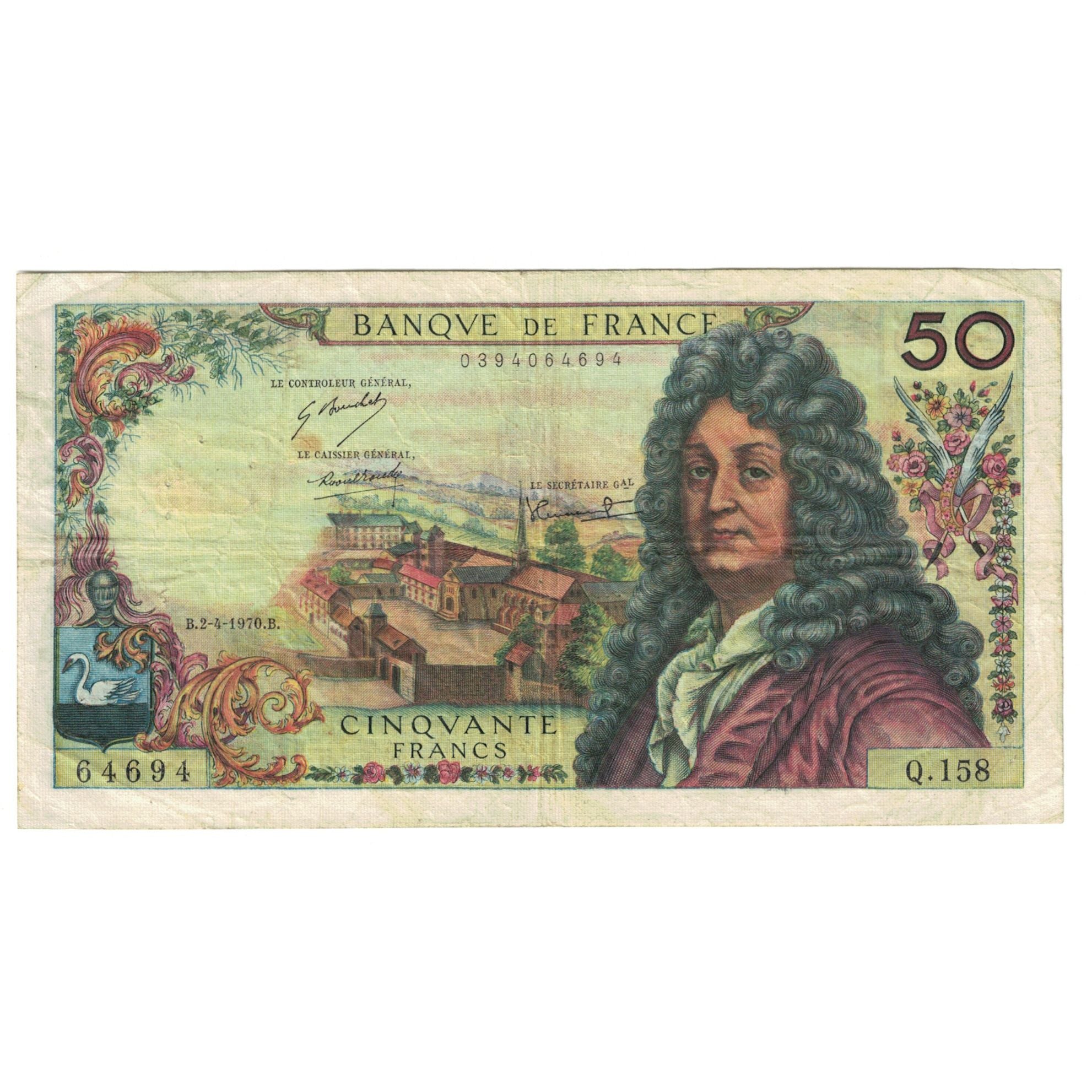 France, 50 Francs, Racine, 1970, Q.158, VF(20-25), Fayette:64.16, KM:148c