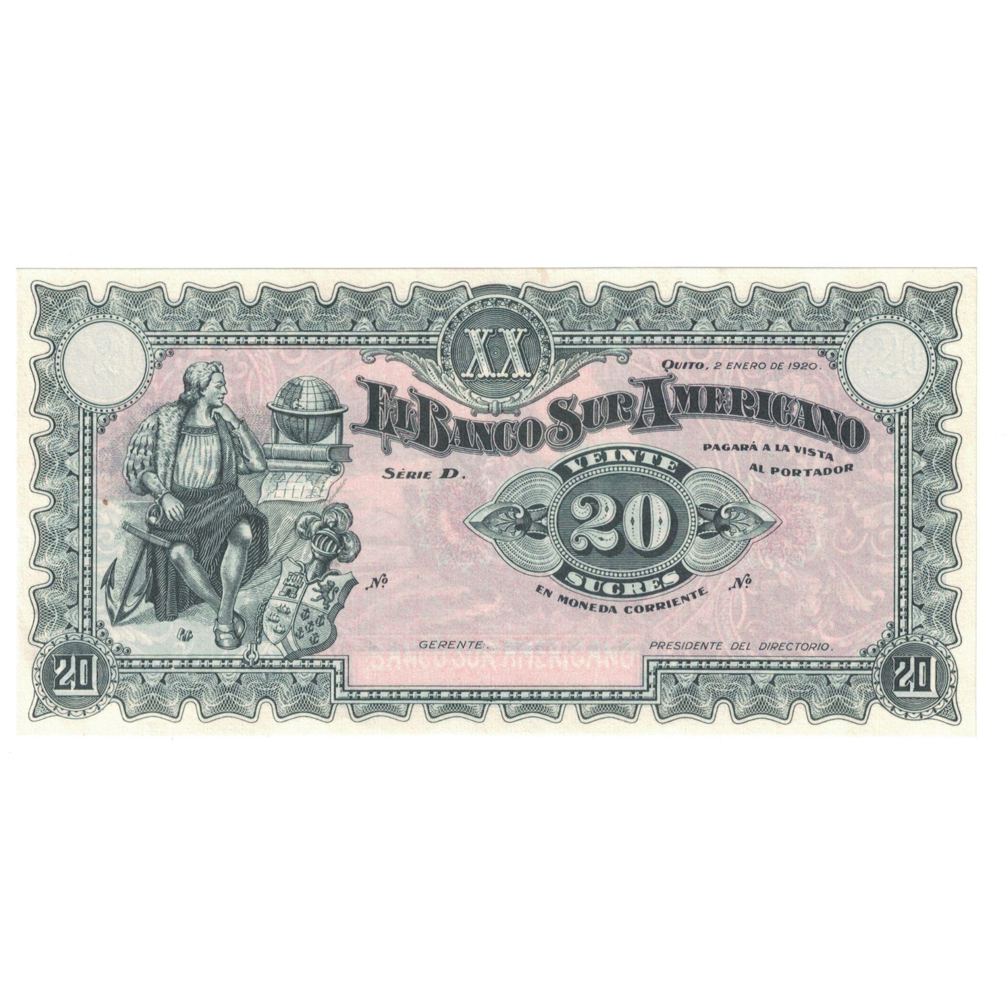 Banknote, Ecuador, 20 Sucres, 1920, 1920-01-02, KM:S253a, UNC(65-70)