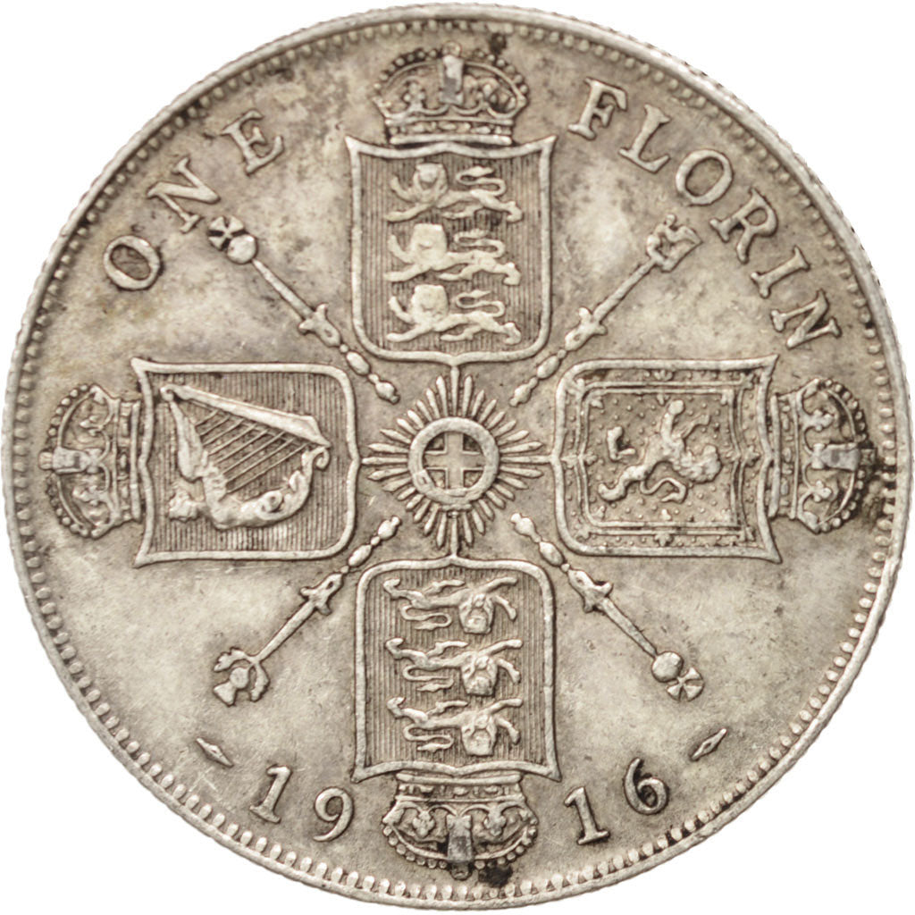 Great Britain, George V, Florin, Two Shillings, 1916, EF(40-45), Silver, KM:817