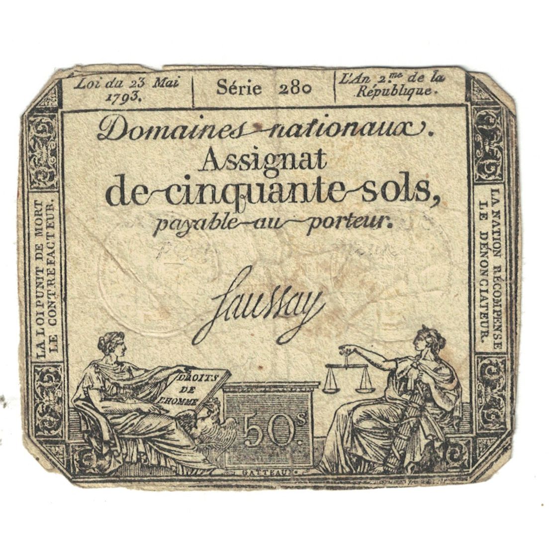 Francia, 50 Sols, 1793, SERIE 280, BC, Fayette:ass42e, KM:A70a