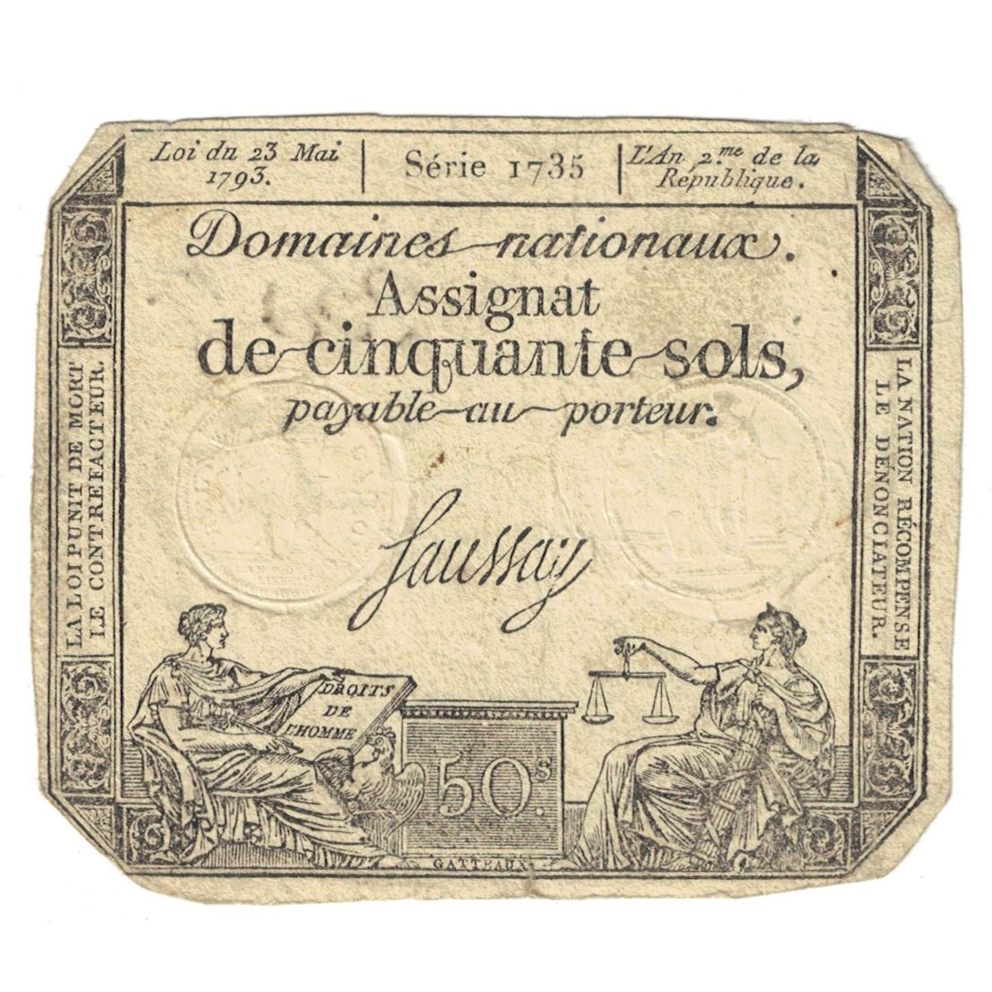 France, 50 Sols, 1793, SERIE 1735, VF(20-25), Fayette:ass42e, KM:A70a