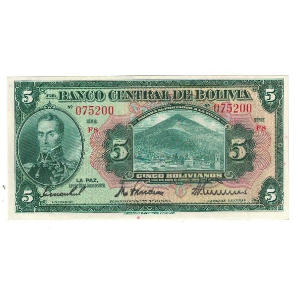 Banknote, Bolivia, 5 Bolivianos, 1928, 1928-07-20, KM:120A, UNC(65-70)