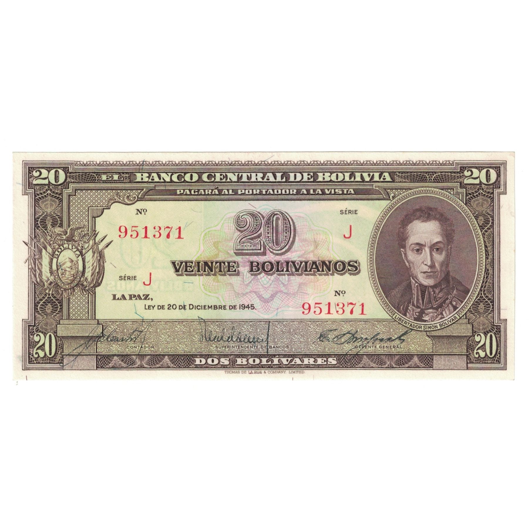 Banconote, Bolivia, 20 Bolivianos, 1945, 1945-12-20, KM:140a, FDS