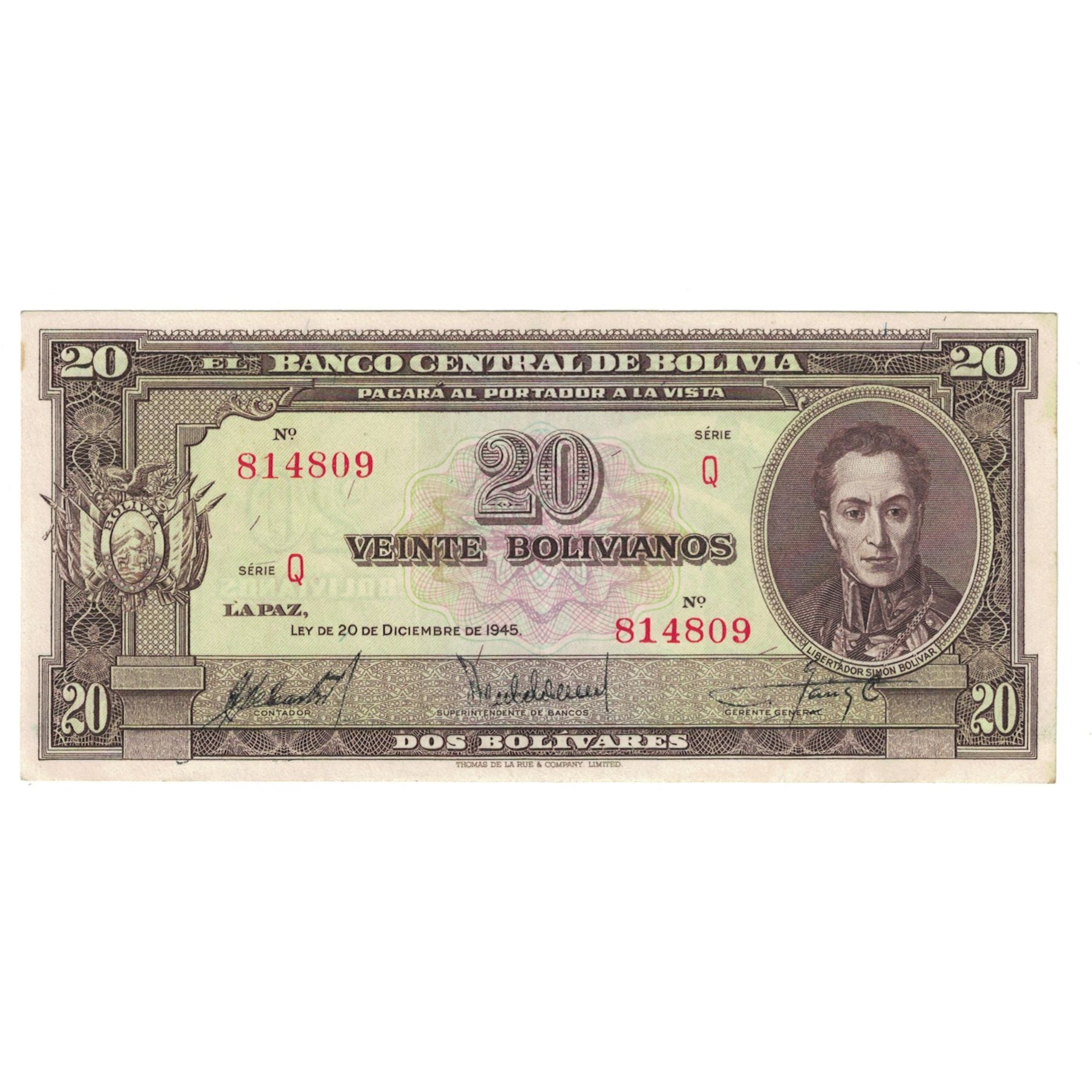 Banconote, Bolivia, 20 Bolivianos, 1945, 1945-12-20, KM:140a, SPL