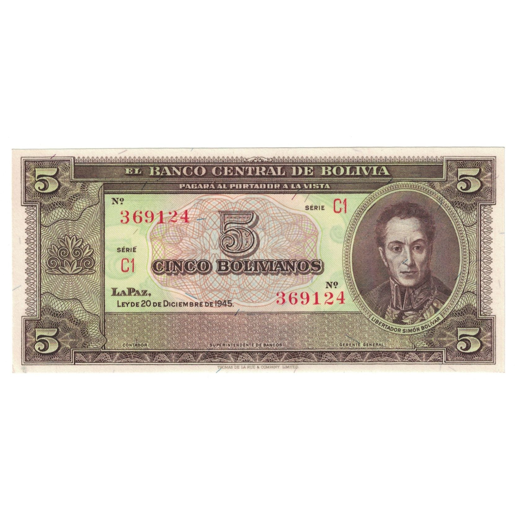 Banconote, Bolivia, 5 Bolivianos, 1945, 1945-12-20, KM:138a, FDS