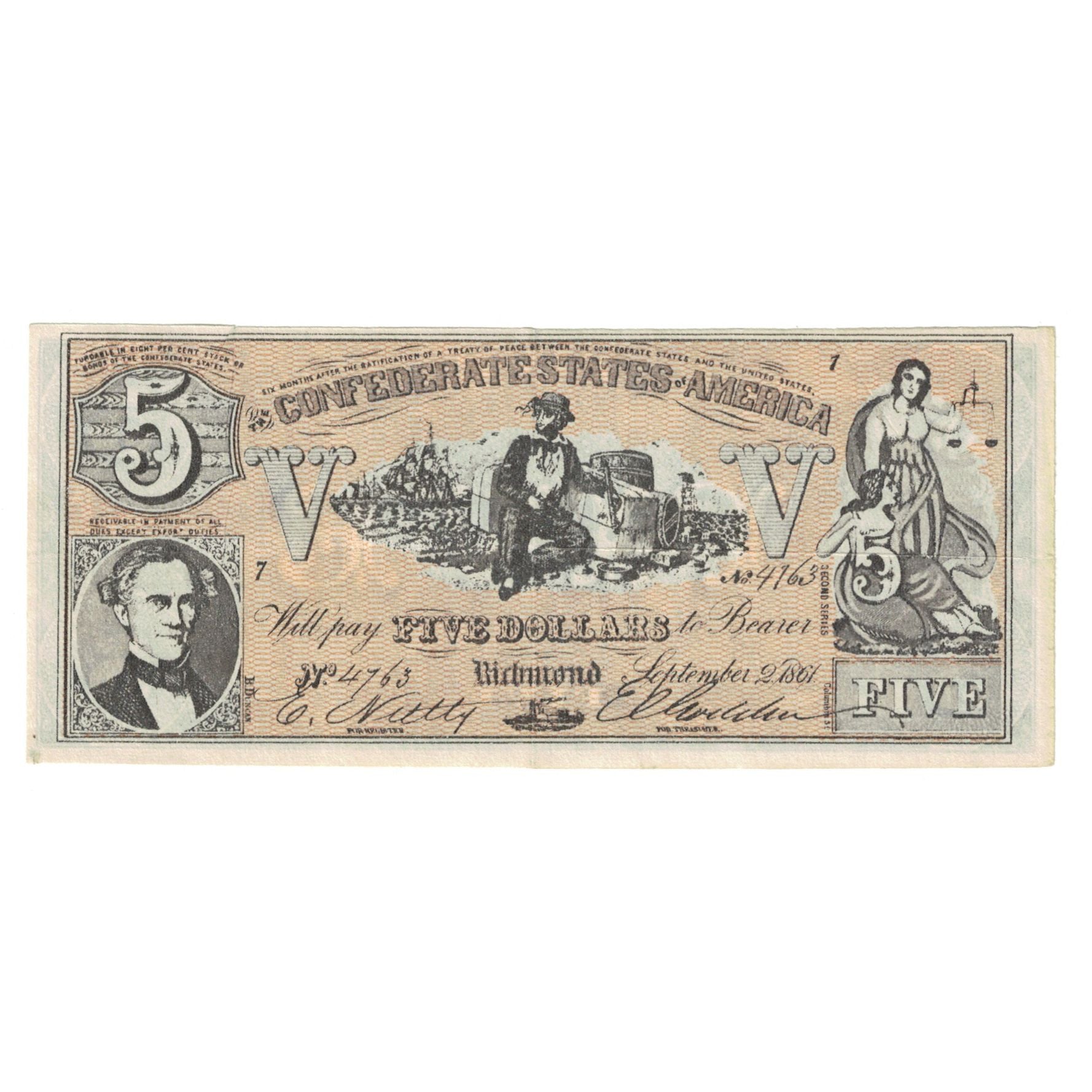 Billete, 5 Dollars, 1864, Estados Confederados de América, 1864-09-02, FAKE, SC