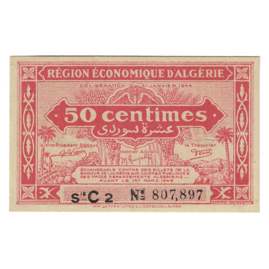 Banknote, Algeria, 50 Centimes, 1944, 1944-01-31, KM:97b, UNC(65-70)