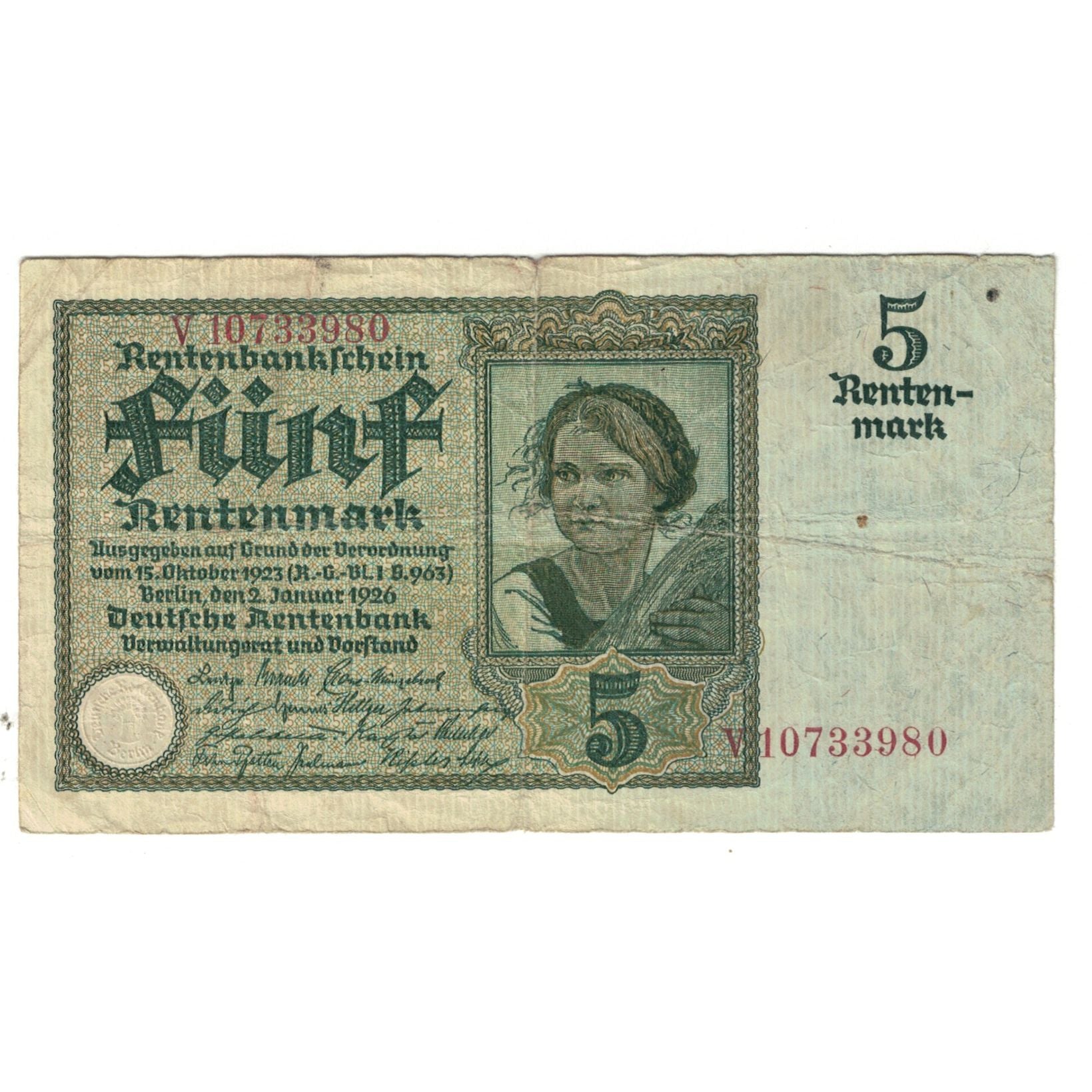 Banknote, Germany, 5 Rentenmark, 1926, 1926-01-02, KM:169, VF(20-25)