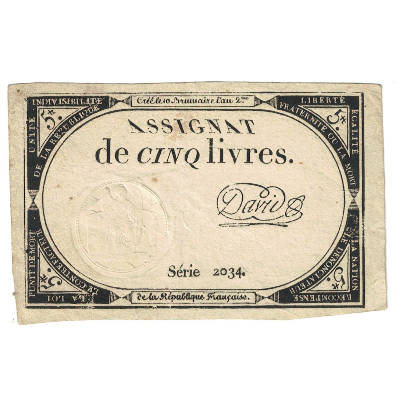 France, 5 Livres, 1793, SERIE 2034, EF(40-45), KM:A76, Lafaurie:171