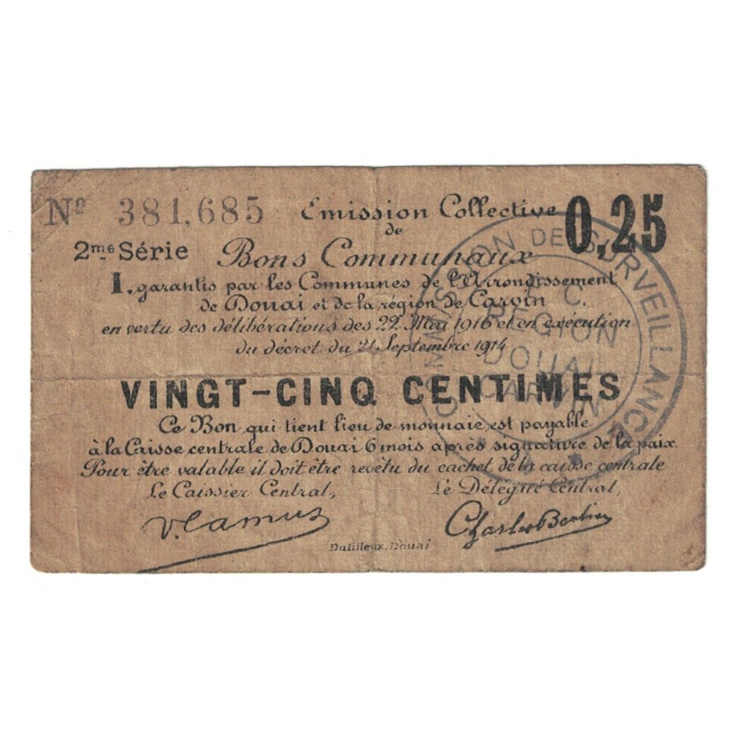 France, Douai, 25 Centimes, 1916, F(12-15), Pirot:59-754