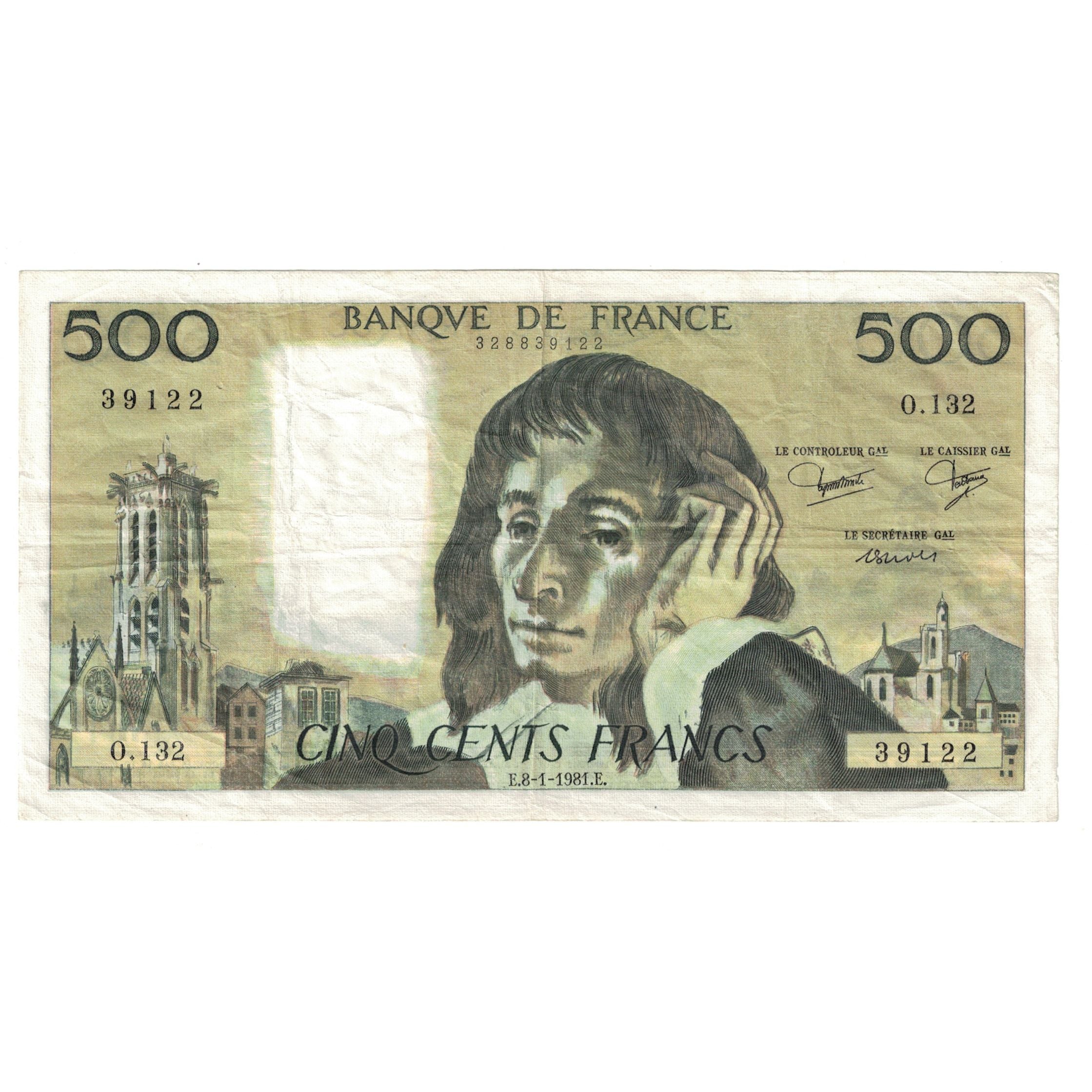France, 500 Francs, Pascal, 1981, O.132 39122, EF(40-45), Fayette:71.23, KM:156e
