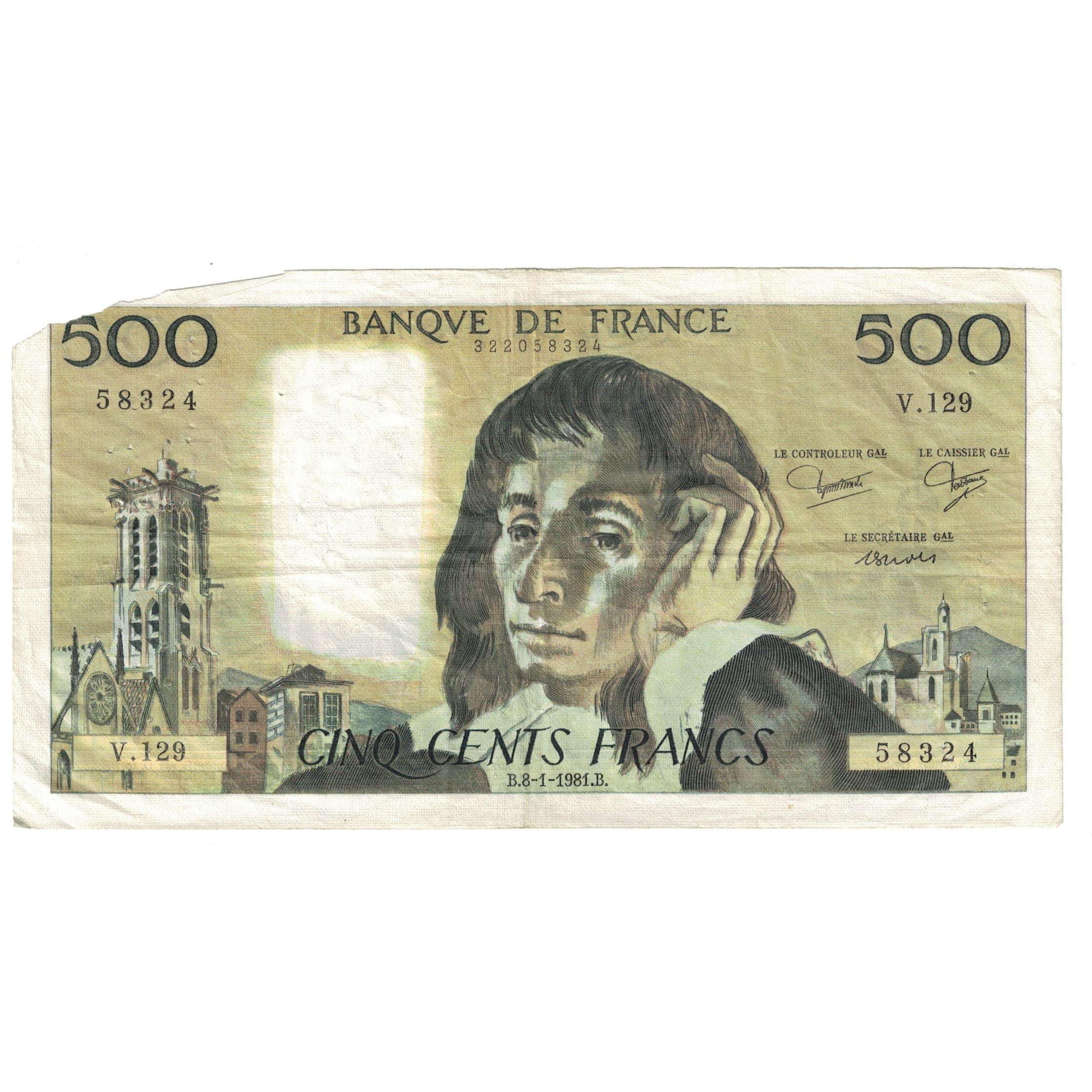 France, 500 Francs, Pascal, 1981, V.129 58324, TB, Fayette:71.23, KM:156e
