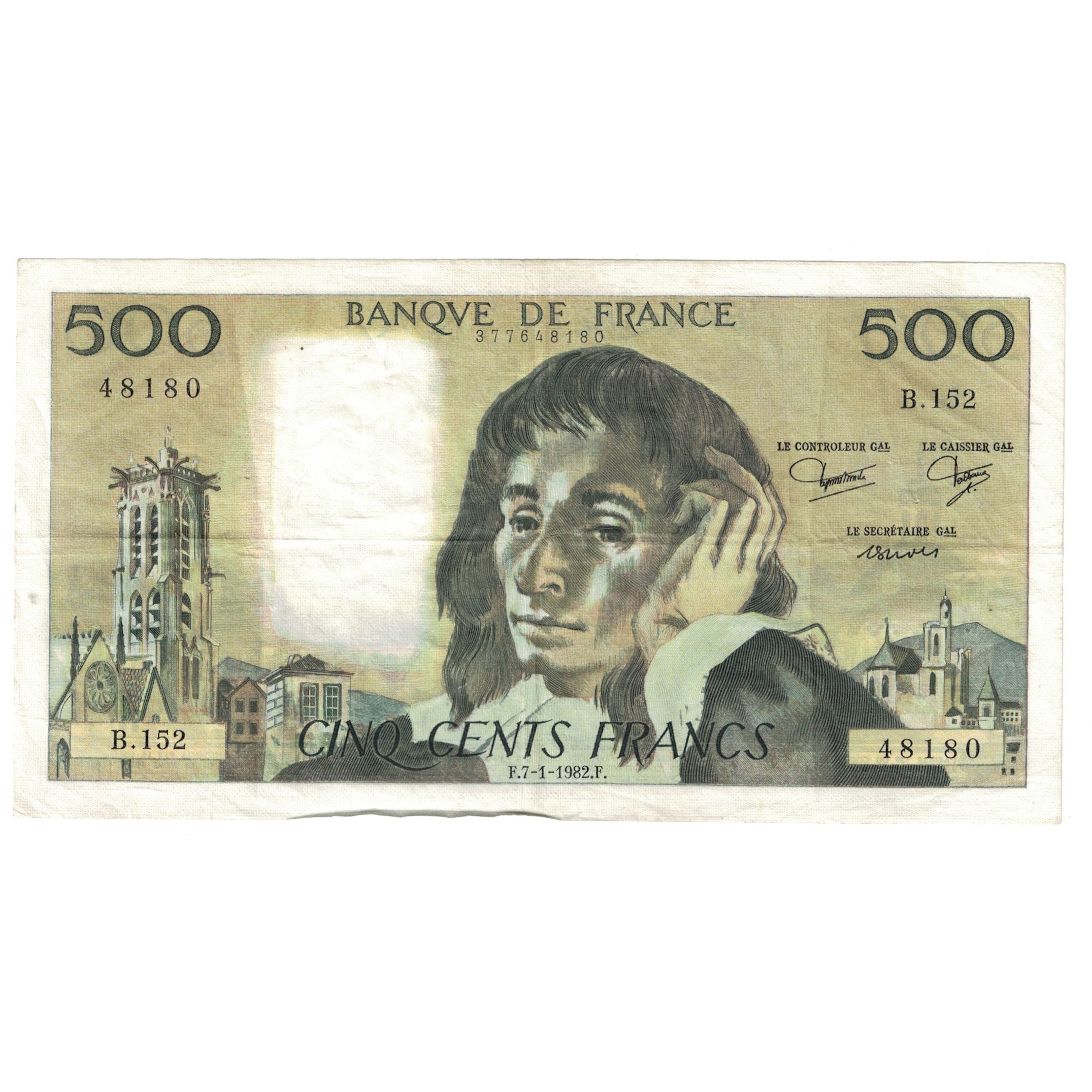 France, 500 Francs, Pascal, 1982, B.152 48180, EF(40-45), Fayette:71.26, KM:156e