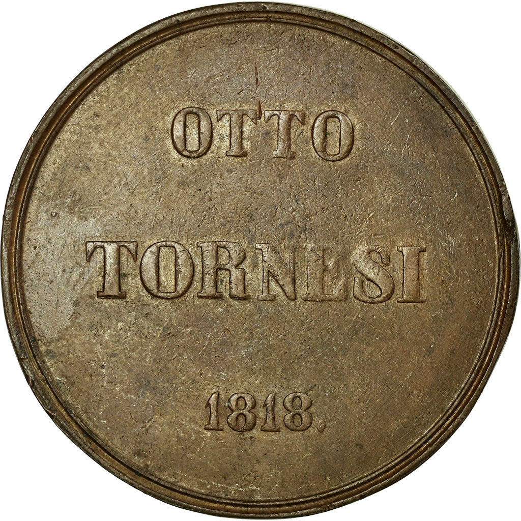 Coin, ITALIAN STATES, NAPLES, Ferdinando I, 8 Tornesi, 1818, EF(40-45), Copper