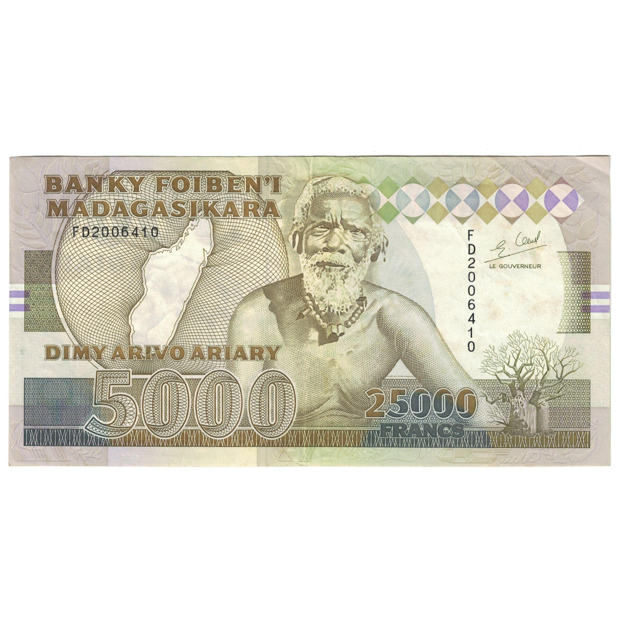 Banknote, Madagascar, 25,000 Francs = 5000 Ariary, 1988, KM:74a, AU(55-58)