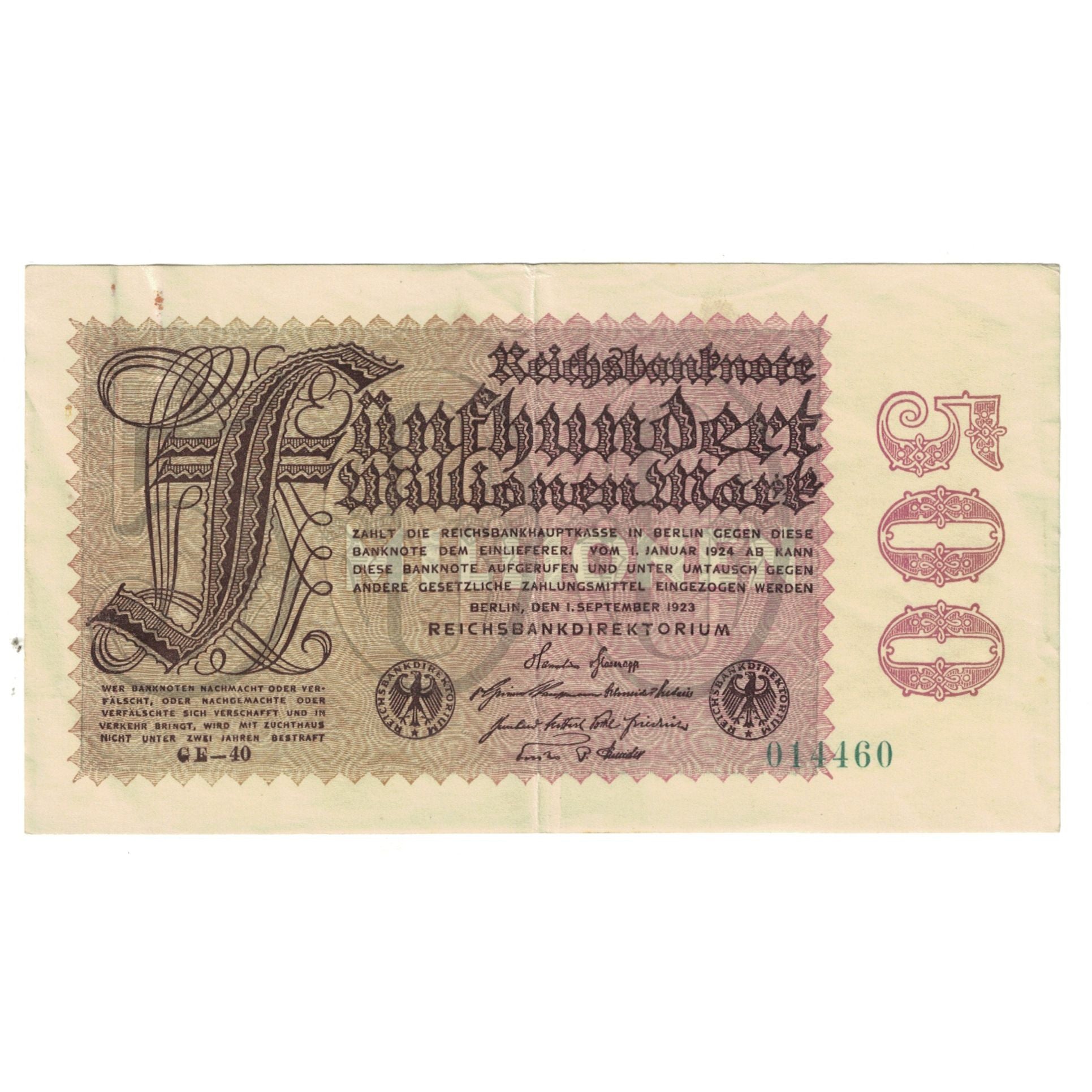 Banknote, Germany, 500 Millionen Mark, 1923, 1923-09-01, KM:110d, EF(40-45)