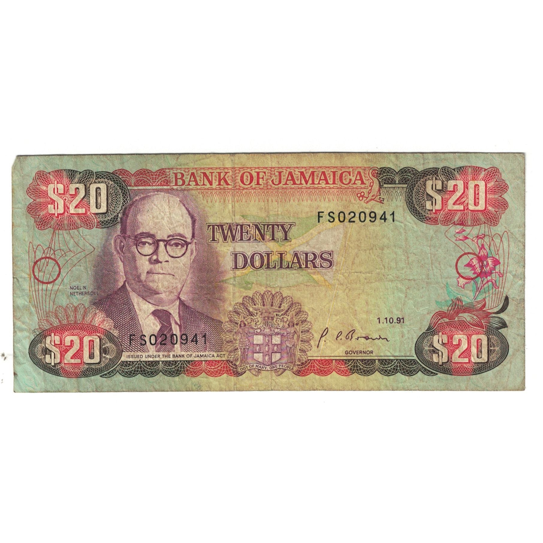 Banknote, Jamaica, 20 Dollars, 1991, 1991-10-01, KM:68a, VF(20-25)