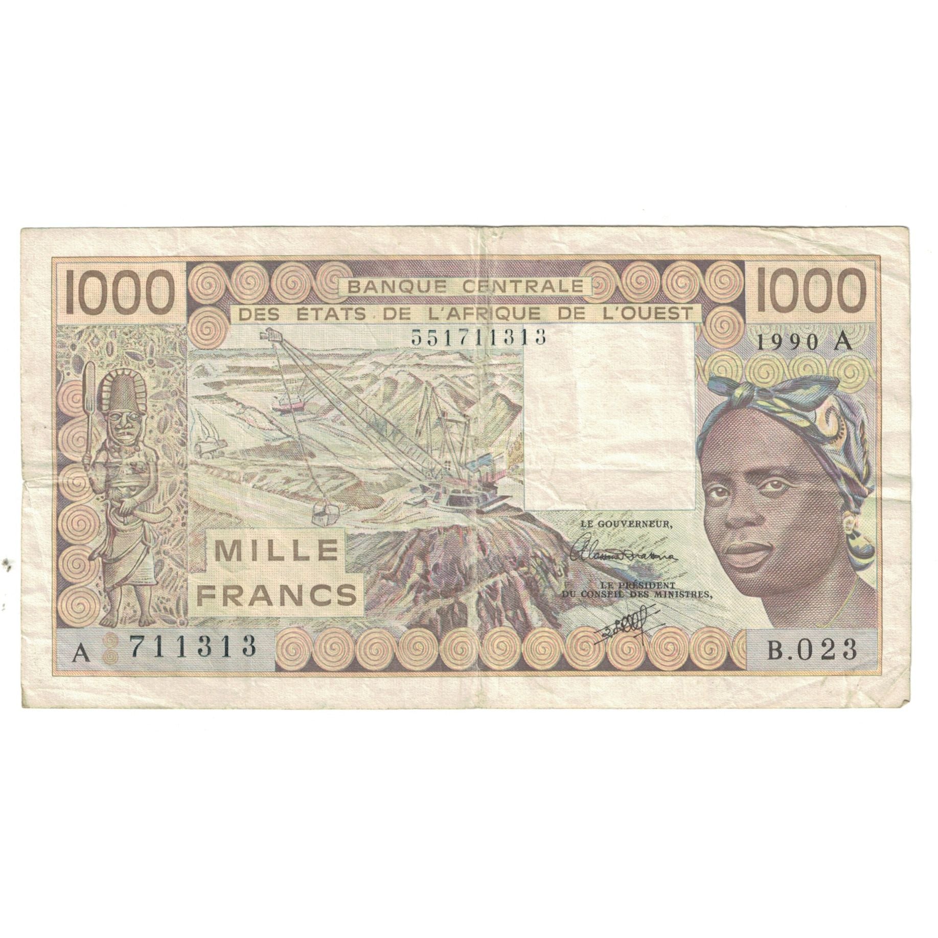 Banknote, West African States, 1000 Francs, KM:207Bc, EF(40-45)