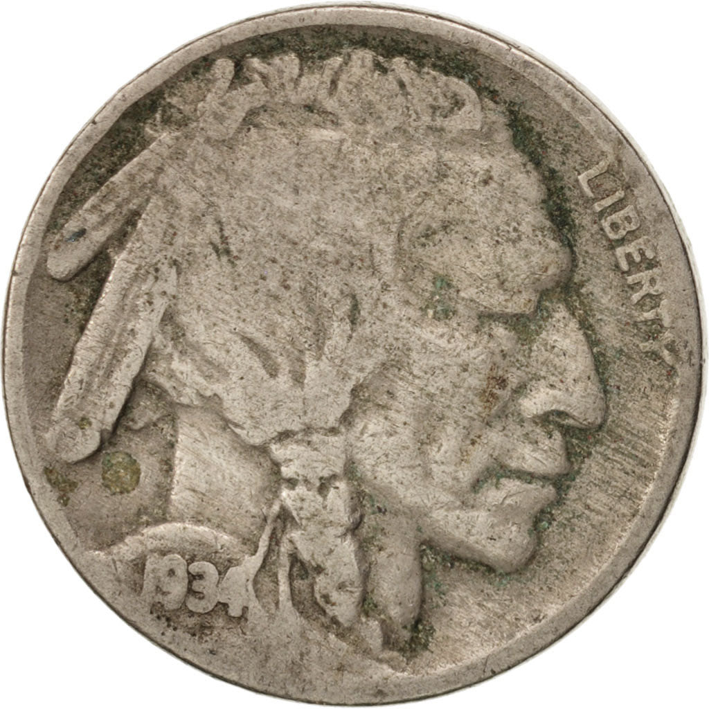 Stati Uniti, Buffalo Nickel, 5 Cents, 1934, U.S. Mint, Philadelphia, MB+, Ram...