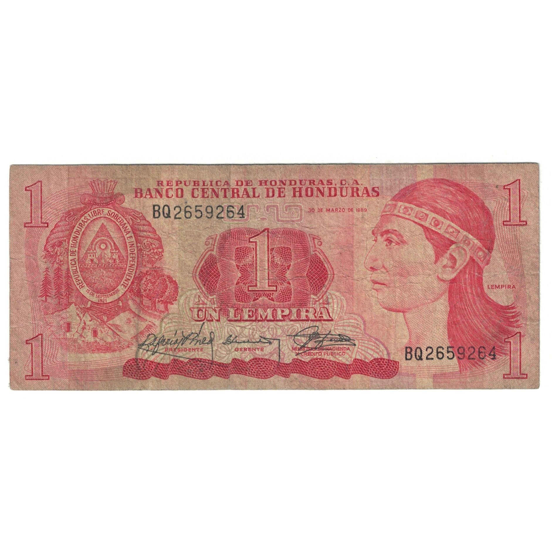 Banconote, Honduras, 1 Lempira, 1989, 1989-03-30, KM:68a, BB