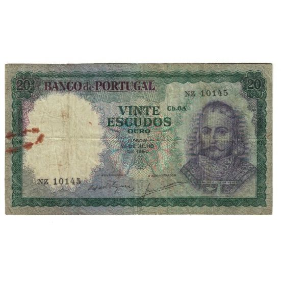Banknote, Portugal, 20 Escudos, 1960, 1960-07-26, KM:163a, VF(20-25)