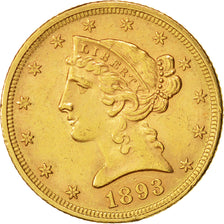 United States, Coronet Head, $5, 1893, U.S. Mint, Philadelphia, AU(50-53),KM101