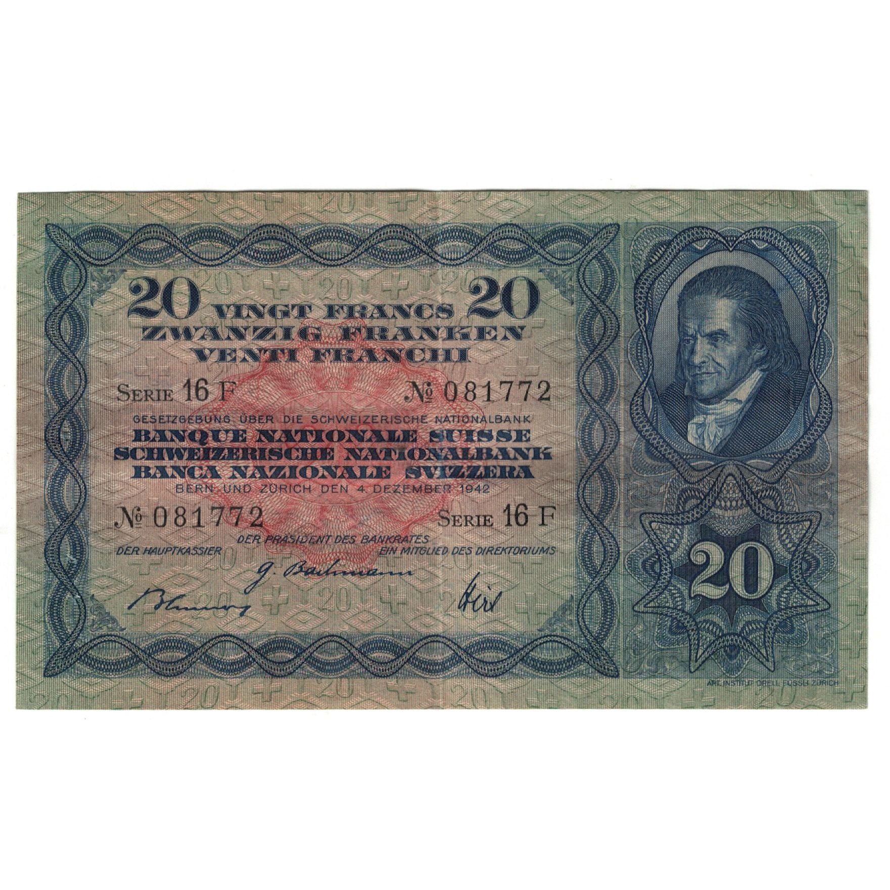Banknote, Switzerland, 20 Franken, 1942, 1942-12-04, KM:39l, EF(40-45)