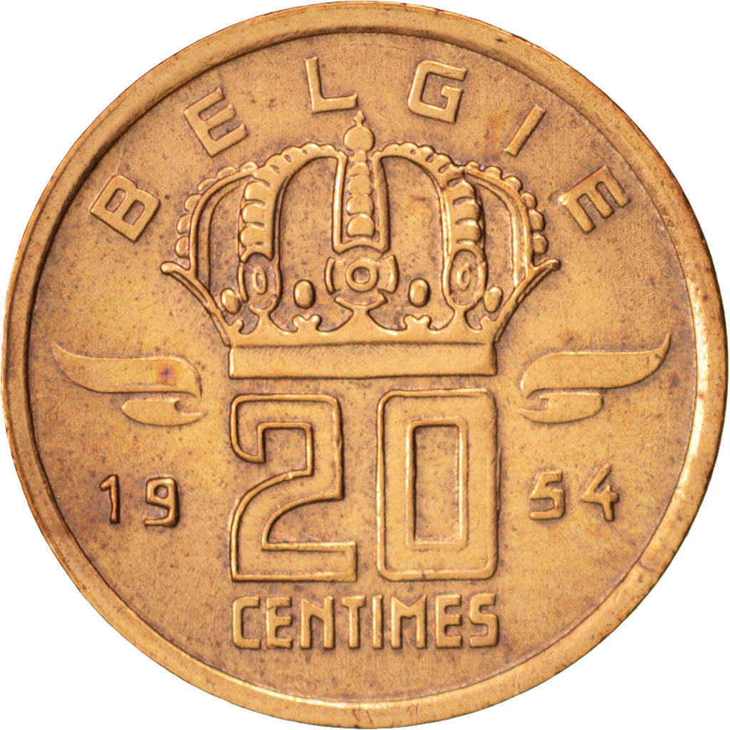 Belgium, 20 Centimes, 1954, AU(50-53), Bronze, KM:147.1