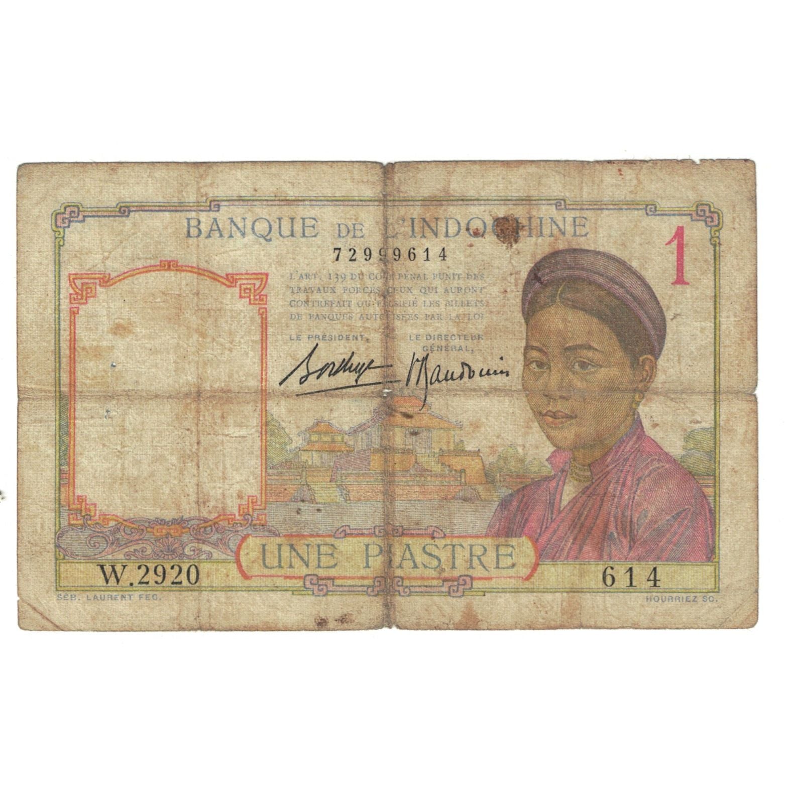 Billet, Indochine française, 1 Piastre, undated 1932, KM:54a, TB