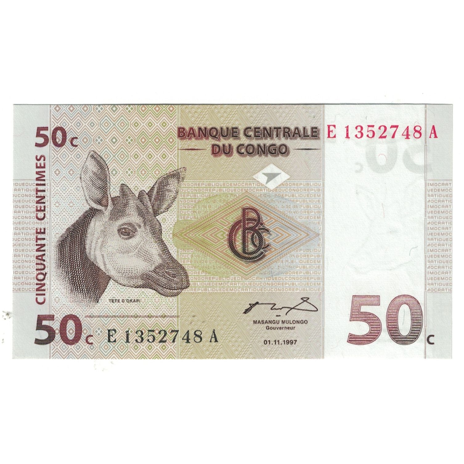 Banknote, Congo Democratic Republic, 50 Centimes, 1997, 1997-11-01, KM:84a