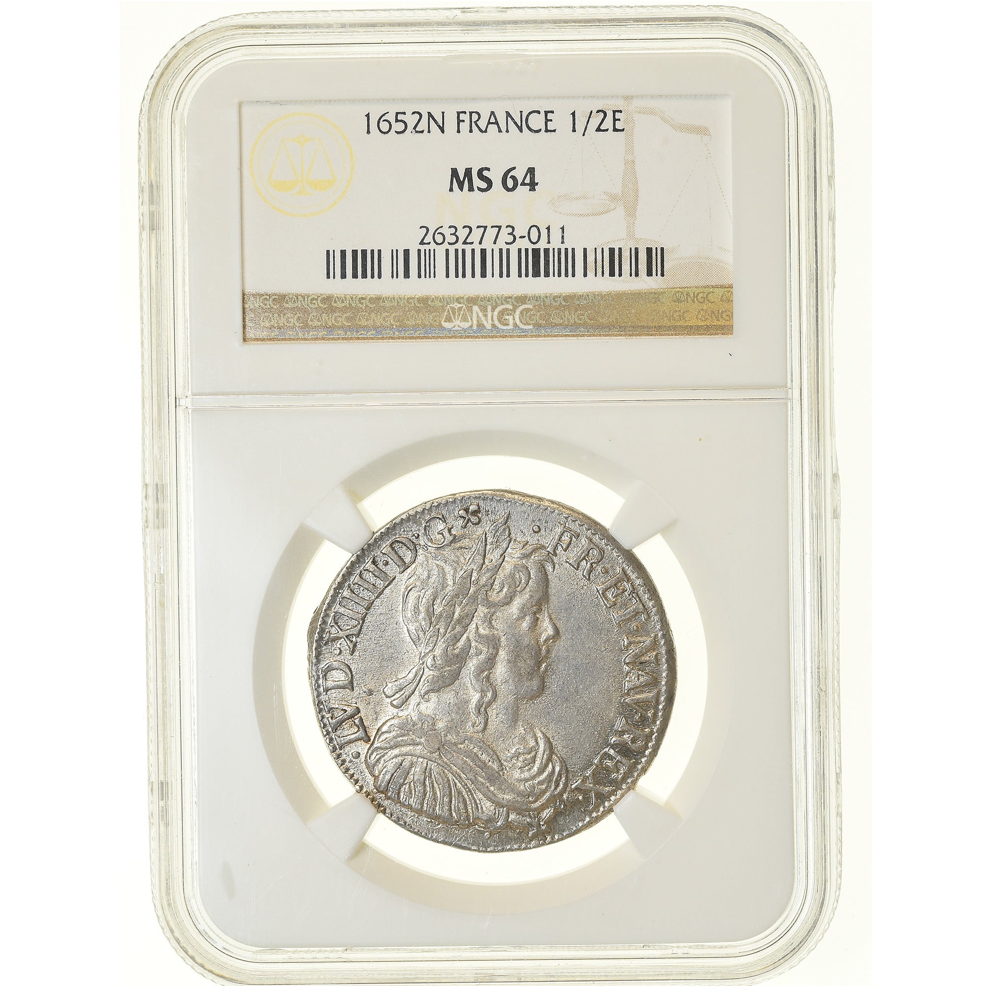 Coin, France, Louis XIV, 1/2 Écu à la mèche longue, 1652 N, NGC MS64