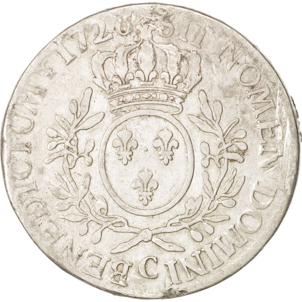 France, Louis XV, Écu aux branches d'olivier,1726, Caen,VF(20-25),Silver,KM486.5