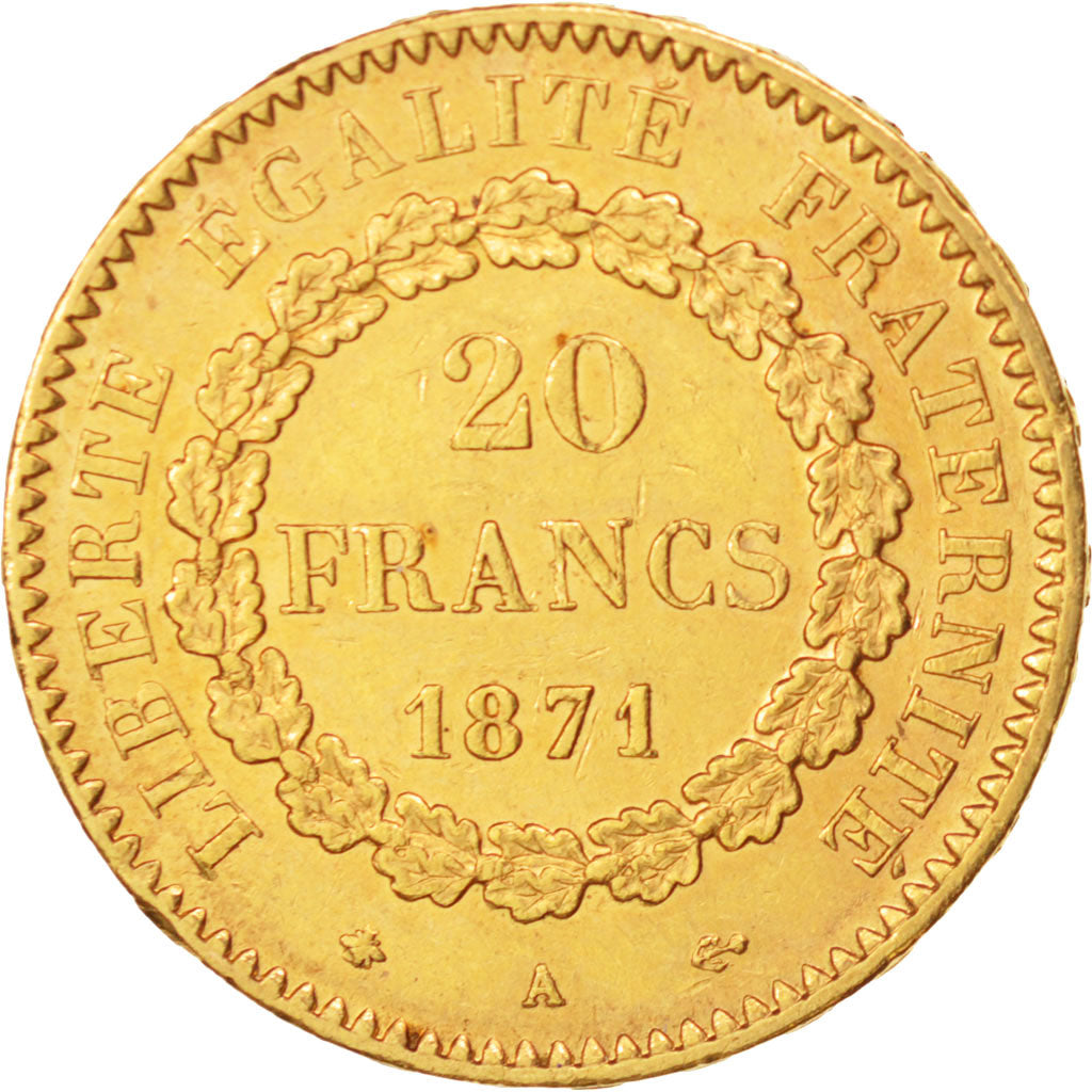 France, Génie, 20 Francs, 1871, Paris, AU(55-58), Gold, KM:825, Gadoury:1063