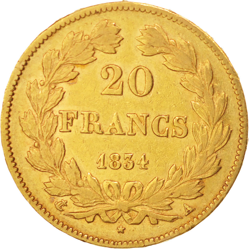 Moneda, Francia, Louis-Philippe, 20 Francs, 1834, Paris, BC+, Oro, KM:750.1