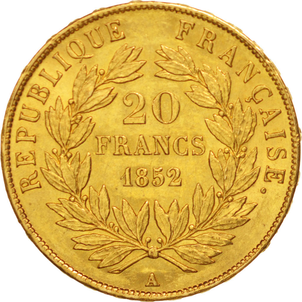 France, Napoleon III, 20 Francs, 1852, Paris, AU(55-58), Gold,KM 774,Gadoury1060