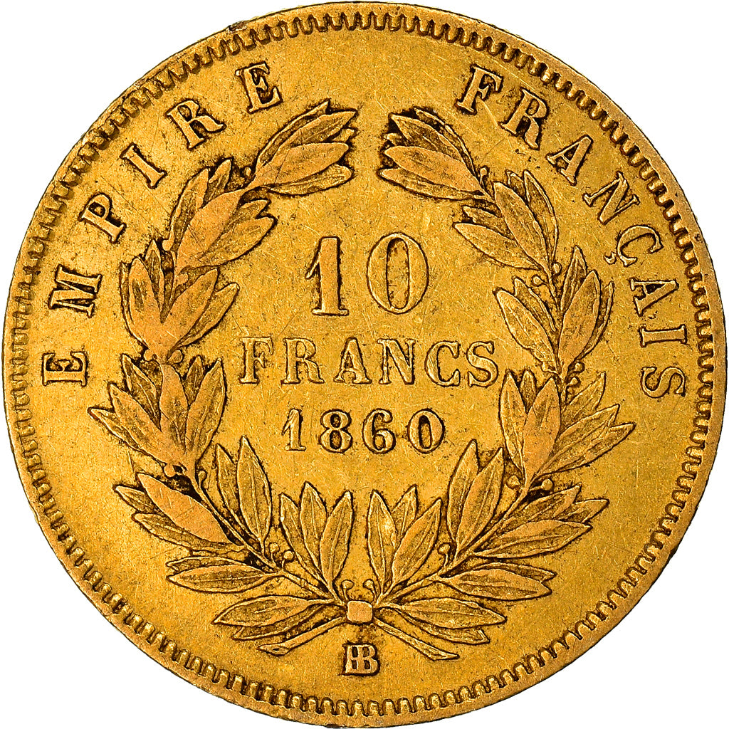 Moneta, Francia, Napoleon III, Napoléon III, 10 Francs, 1860, Strasbourg, MB