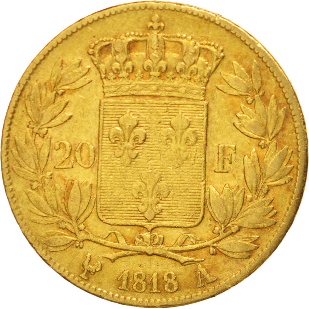 France, Louis XVIII, 20 Francs, 1818, Paris, VF(30-35), Gold,KM712.1,Gadoury1028