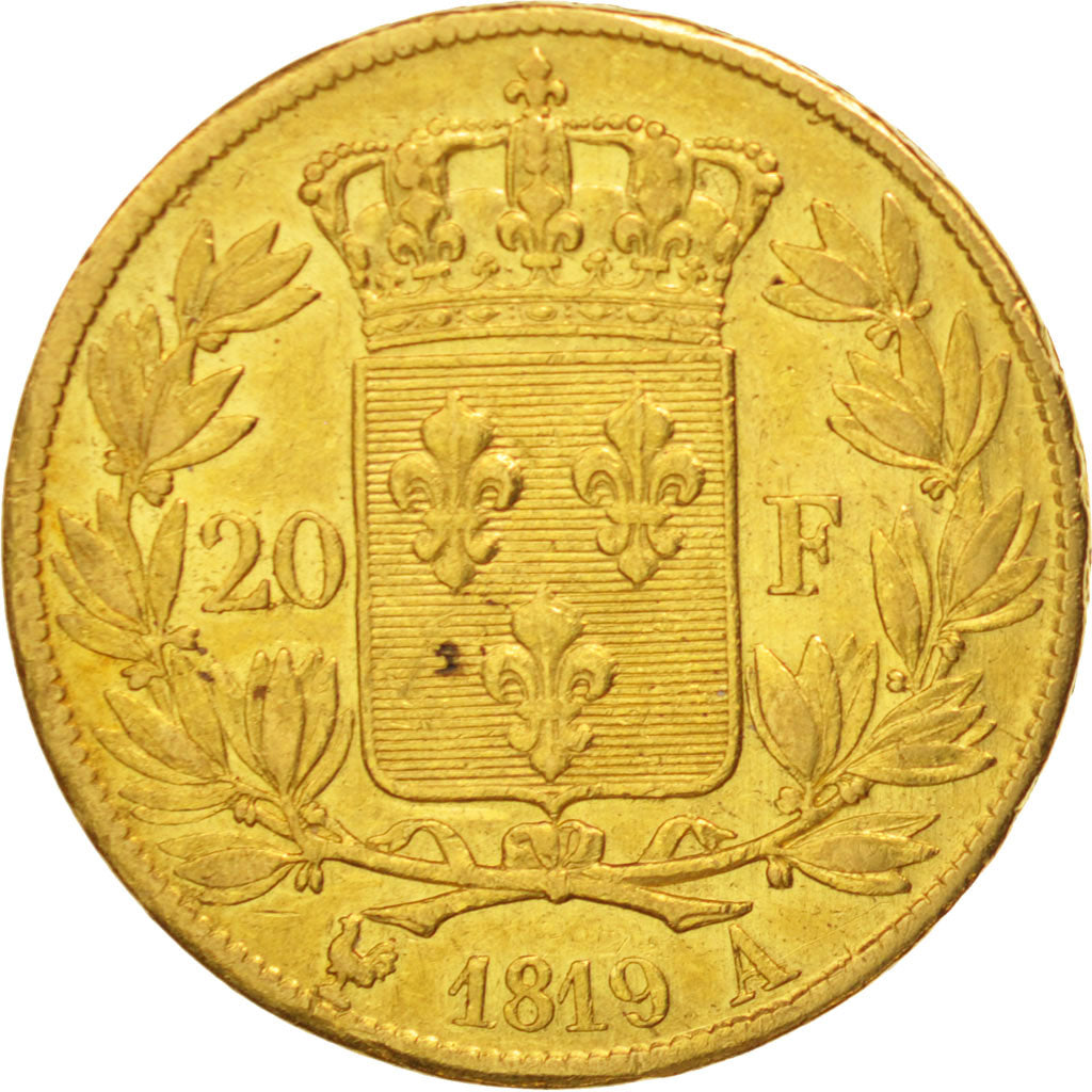 France, Louis XVIII, 20 Francs, 1819, Paris, EF(40-45),Gold, KM712.1,Gadoury1028