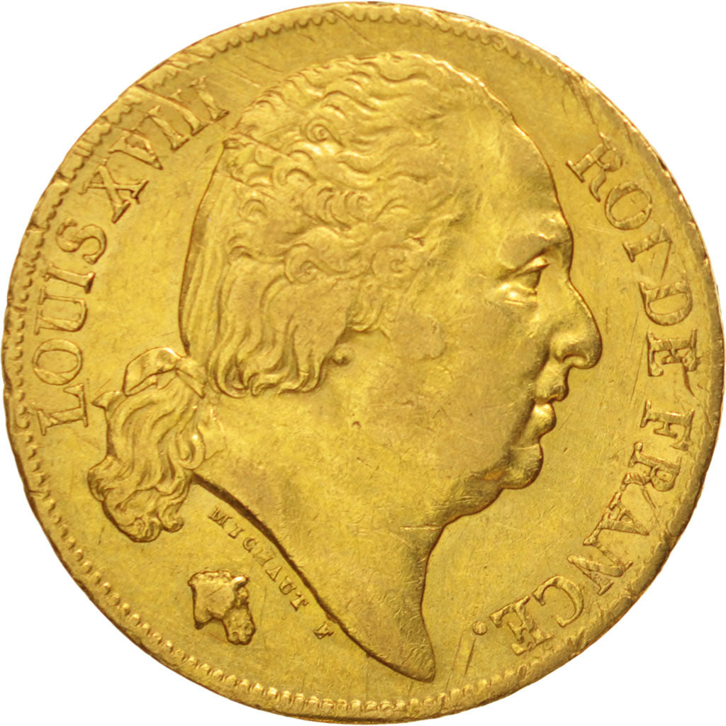 France, Louis XVIII, 20 Francs, 1820, Paris, EF(40-45),Gold,KM 712.1,Gadoury1028